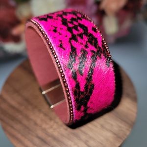 Fushia pink handmade faux cowhide bracelet